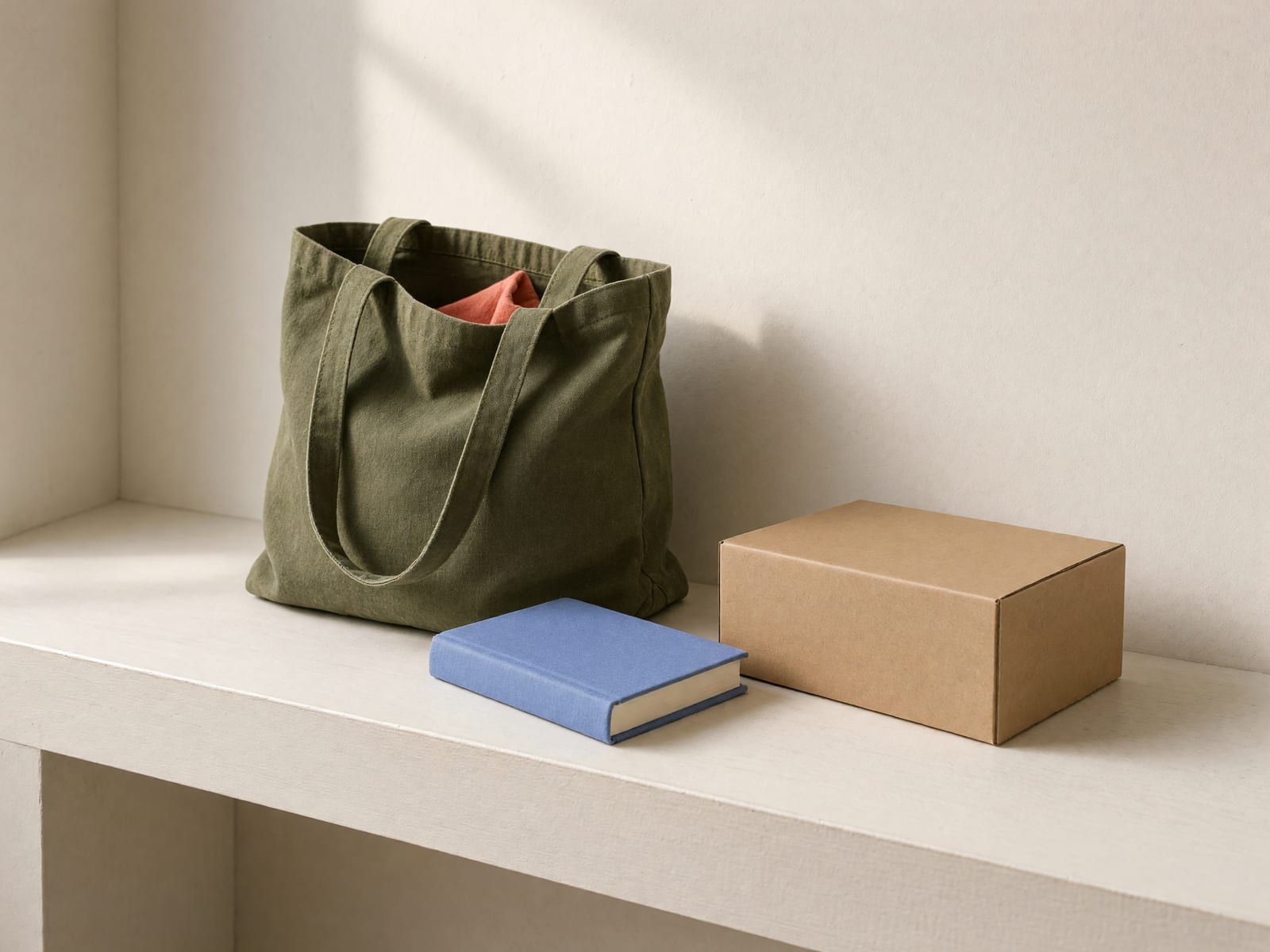 Olivgrüne Stofftasche, ein geschlossenes blankes Buch und ein schlichtes Paket auf einer hellen Flurkonsole.