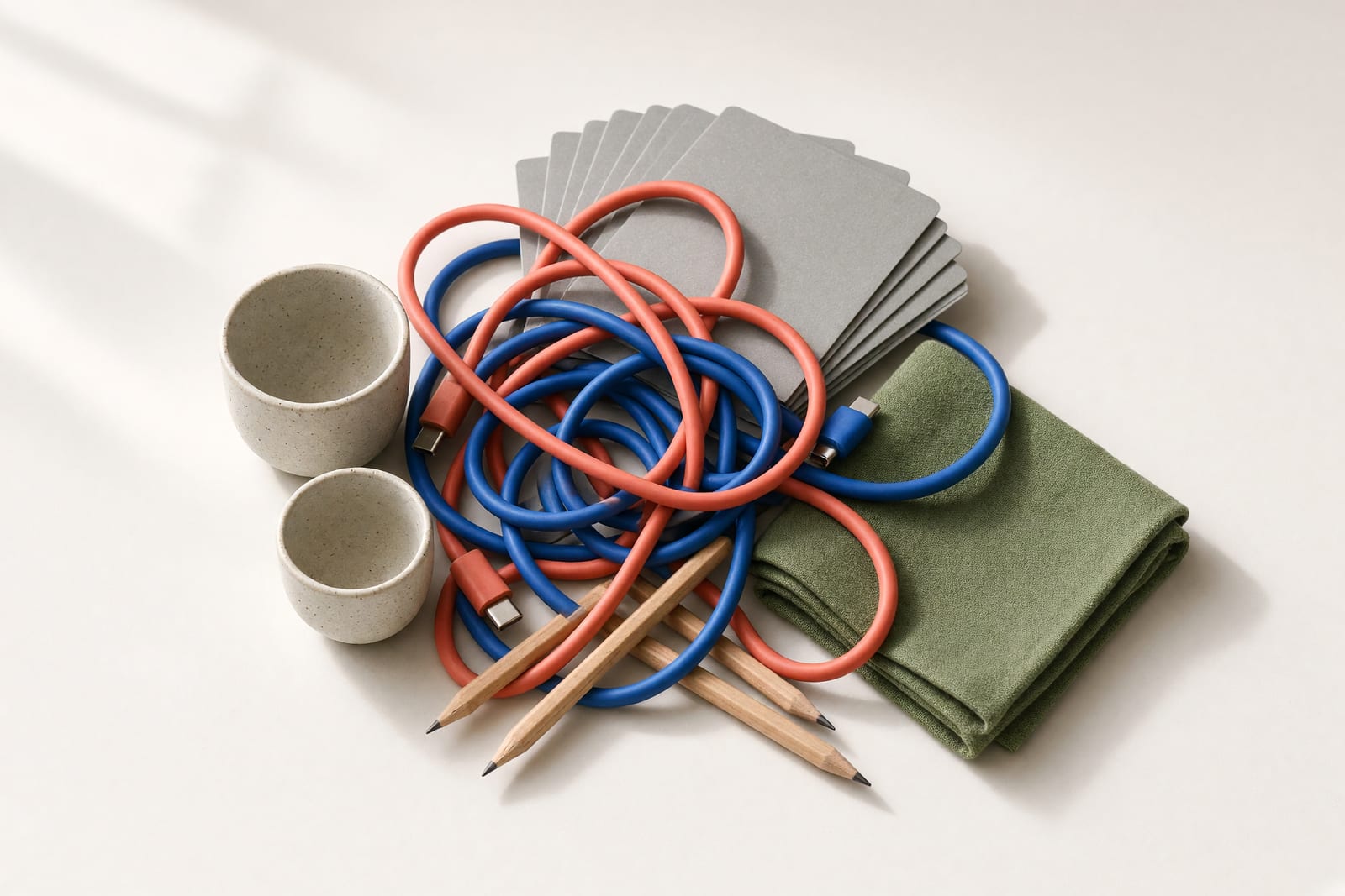 Viele kleine Gegenstände dicht aneinander auf hellem Untergrund: Kabel, Karten, Tassen, Stifte und ein Stoffstück.